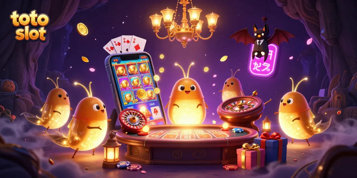 Engage with toto slot action in a vibrant cave casino lighting up with glowing characters and games.