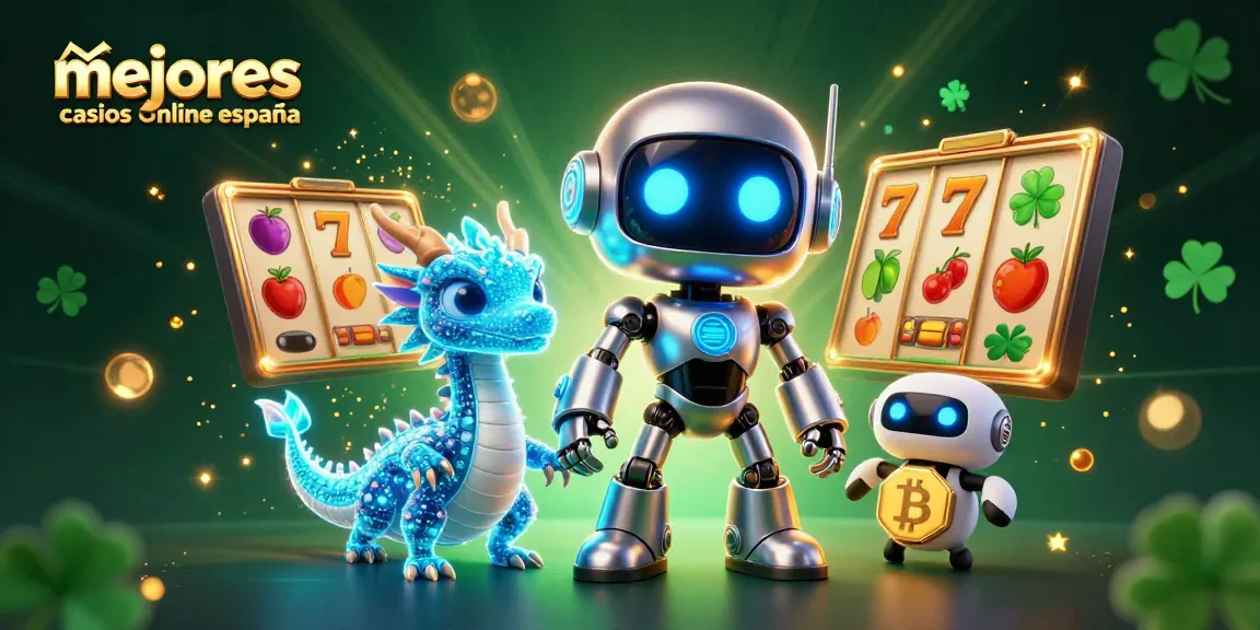 Imágenes de los mejores casinos online España con un robot cibernético y un dragón holográfico jugando tragamonedas.