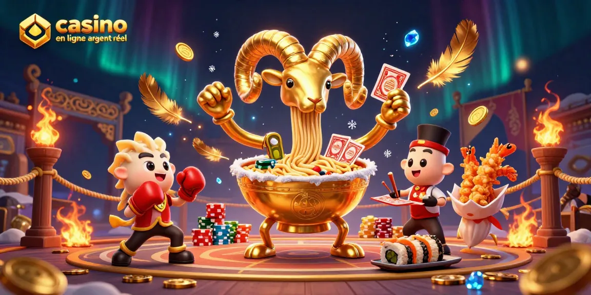 Casino en ligne argent réel : illustration d'un bol de ramen géant jouant aux cartes avec des éléments festifs.