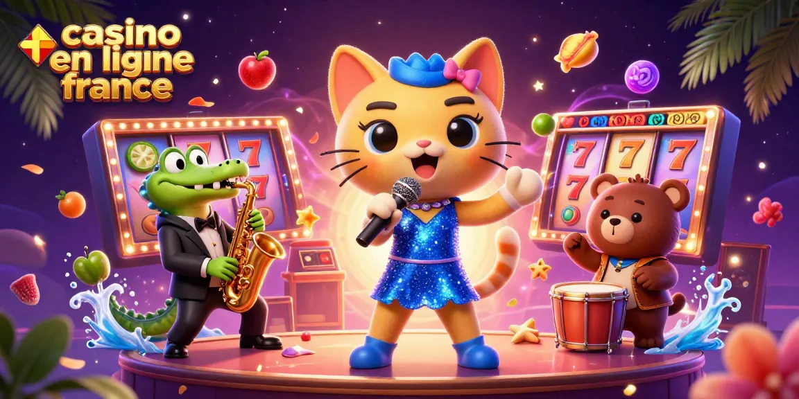 Illustration de casino en ligne France avec des personnages de jazz animés et des éléments de jeux en arrière-plan.