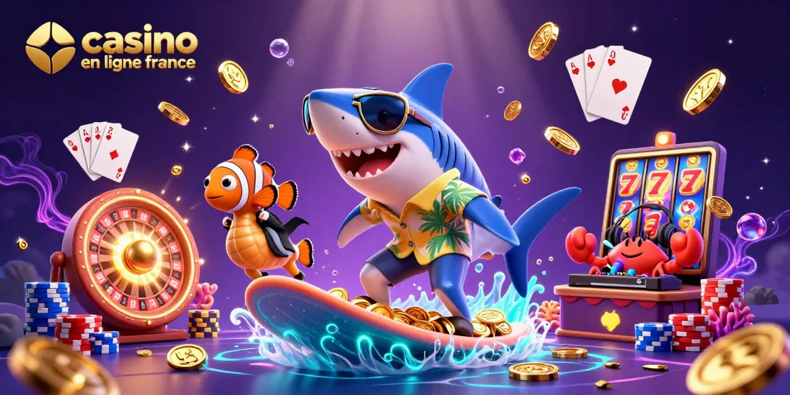 Illustration dynamique 'casino en ligne france' avec un requin cartoon surfant sur des pièces d'or.