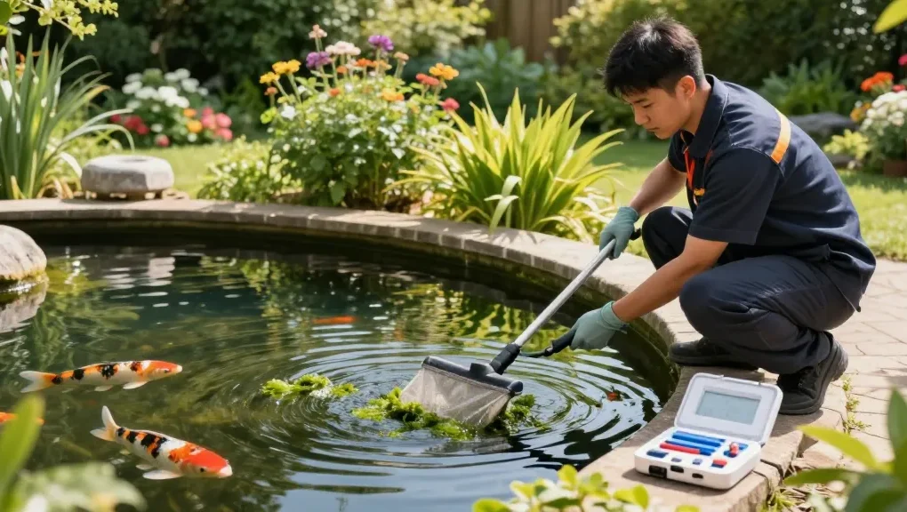 Pond Cleaning Kent in action with a technician removing algae and maintaining a serene garden pond.