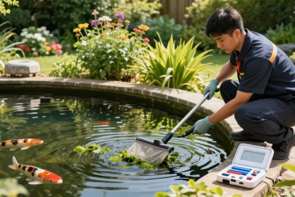 Pond Cleaning Kent in action with a technician removing algae and maintaining a serene garden pond.