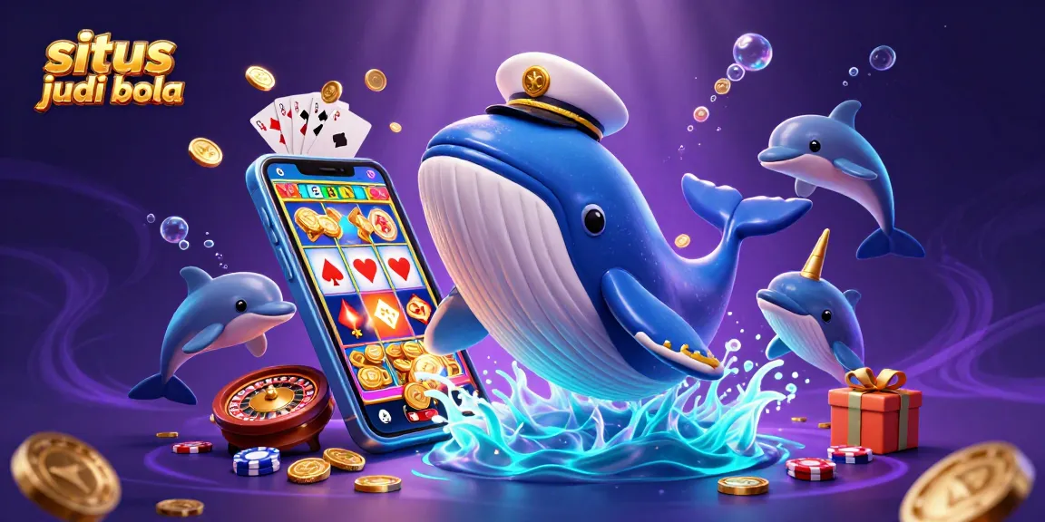 Engage with situs judi bola through this vibrant 3D scene of a whale and poker chip dolphins.