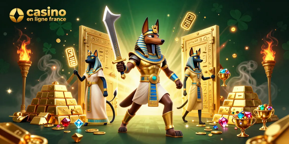 Découvrez le casino en ligne France avec Anubis et Bastet, entourés de trésors et de jeux.