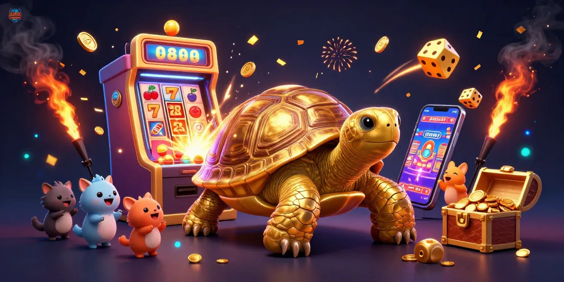 Engage in exciting gameplay at U888 with vibrant 3D illustrations of golden tortoises and jackpot machines.