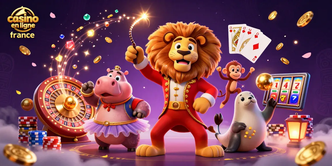 Jouez au casino en ligne France avec une illustration colorée où le lion maître de cérémonie anime la scène entouré de jeux et de gains.
