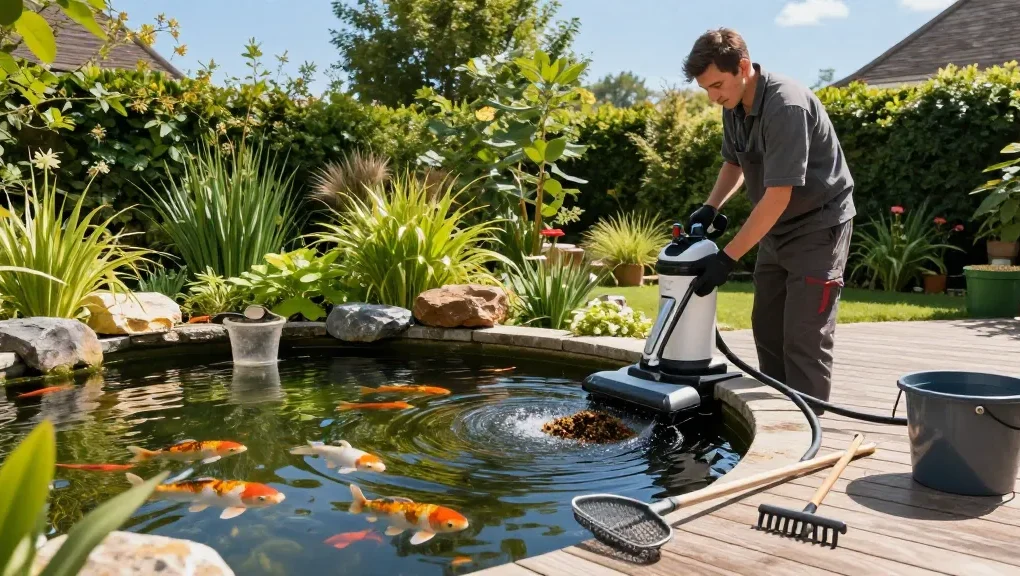 Pond Cleaning Kent with a technician cleaning a vibrant garden pond surrounded by lush greenery and tools.