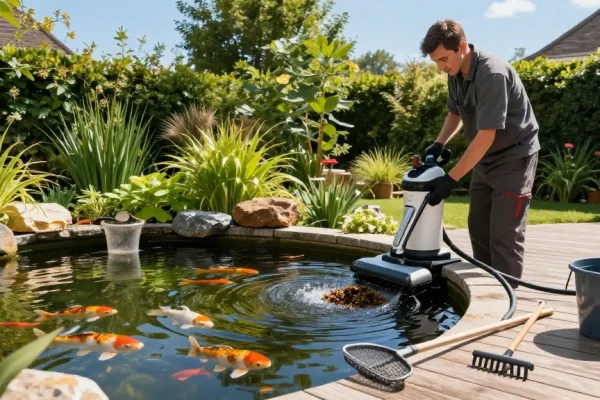 Pond Cleaning Kent with a technician cleaning a vibrant garden pond surrounded by lush greenery and tools.