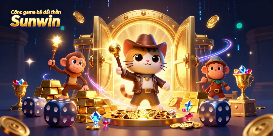 Cổng game bài đổi thưởng Sunwin showcases an adventurous cat archaeologist in a vibrant temple scene.