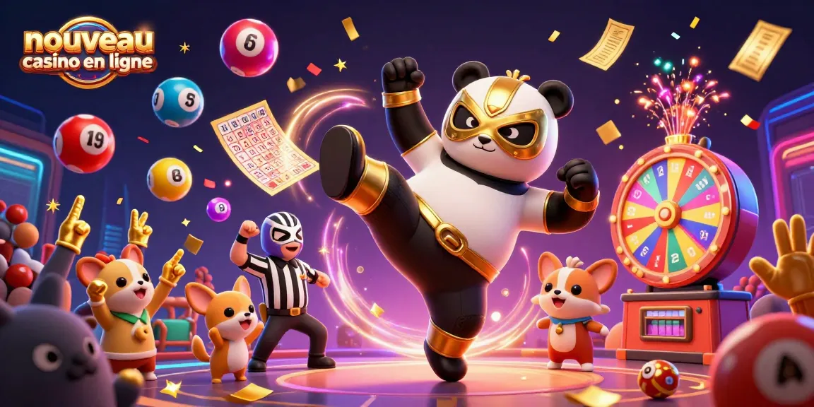 Nouvelle illustration d'un panda lutteur doré en action dans un nouveau casino en ligne avec des balles de loterie colorées