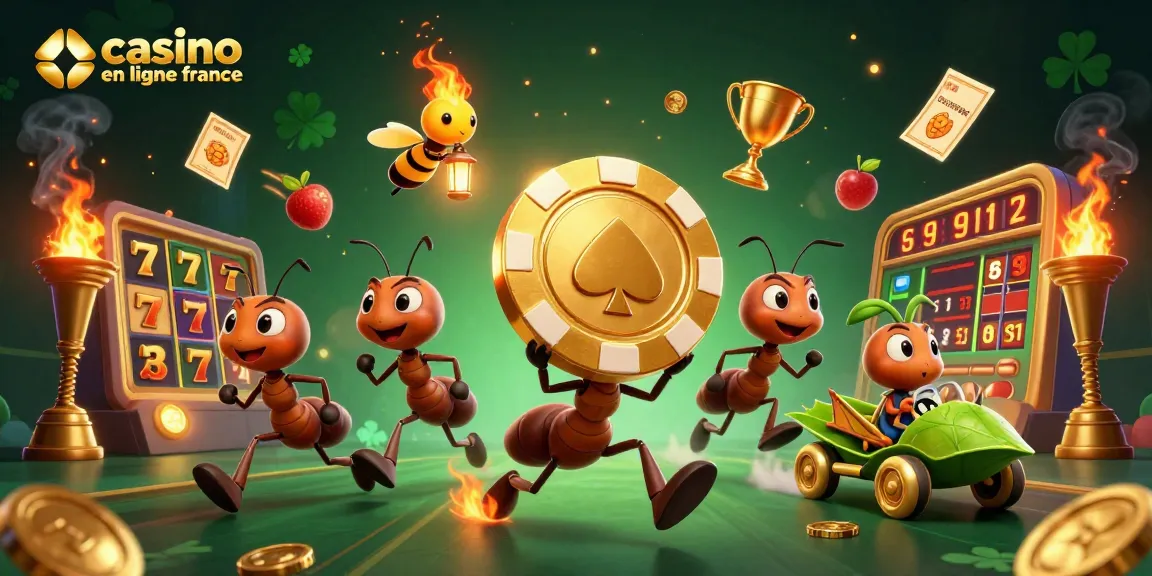 Jouer au casino en ligne France avec une aventure palpitante illustrée par des fourmis et des éléments de jeux.