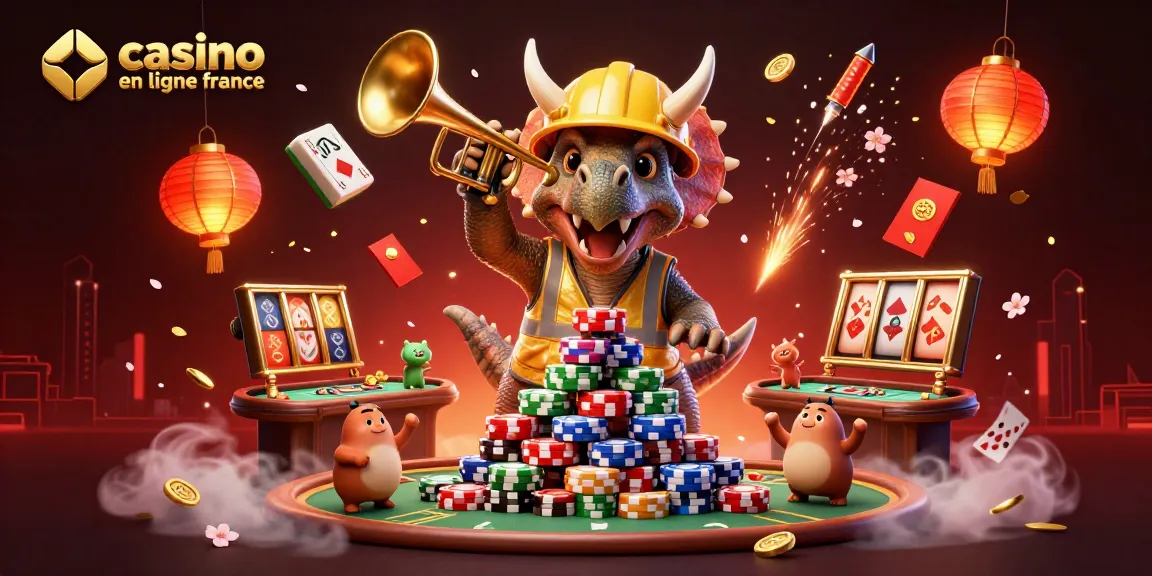 Illustration d'un triceratops construisant une pyramide de jetons de poker, célébrant le casino en ligne france.