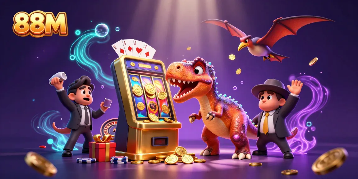 Engaging 88M casino scene with dinosaurs celebrating jackpot wins amid vibrant gaming elements.