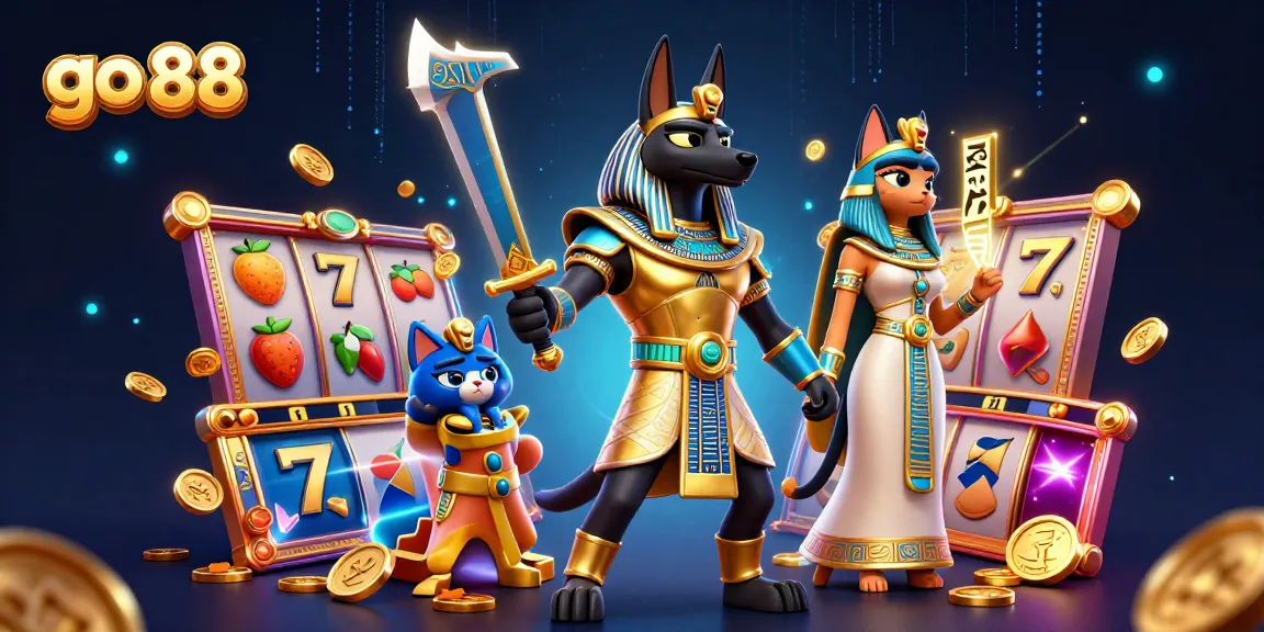 Immerse in the thrills of go 88 with a dynamic casino scene featuring Egyptian warriors and slot game elements.