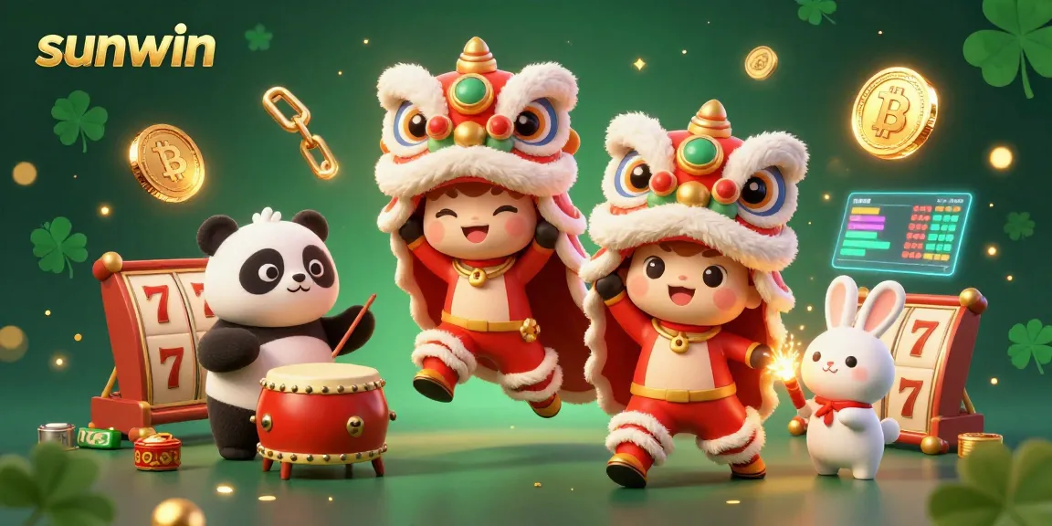 Experience thrilling gaming action at sunwin with a vibrant lion dance and glowing crypto elements.