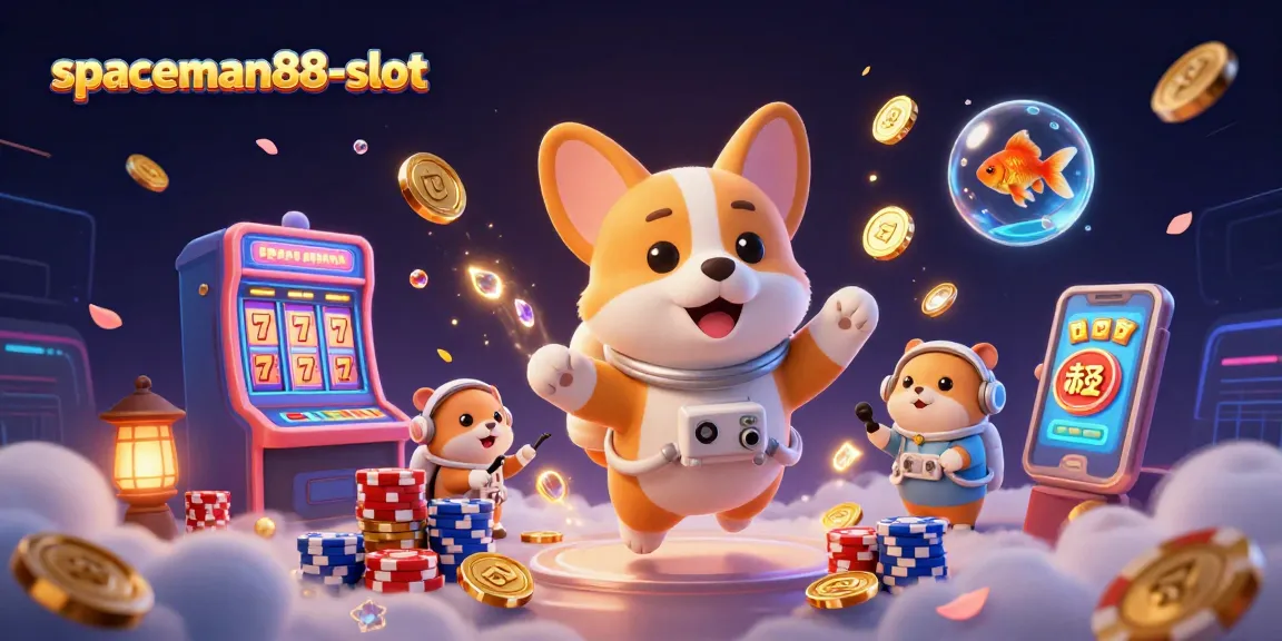 Experience thrilling fun at spaceman88-slot with an astronaut corgi and floating casino elements!
