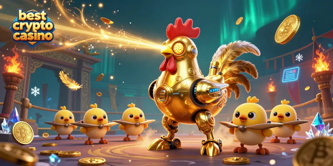 Scopri il miglior crypto casino attraverso un'illustrazione vivace e dettagliata di un robot gallo futuristico.