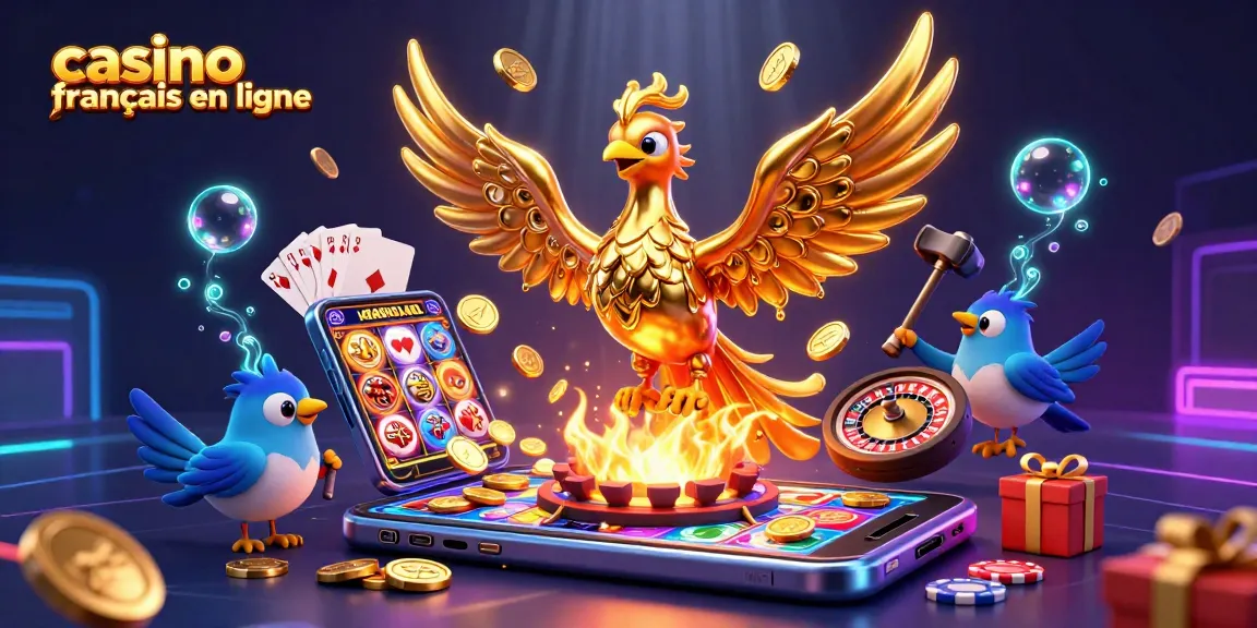 La scène dynamique du casino français en ligne présente un phénix doré stylisé et des éléments de jeu variés.