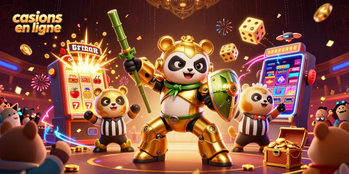 Illustration 3D des casinos en ligne avec un panda doré et des symboles de machines à sous.