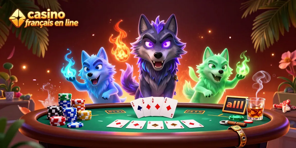 Jouez au casino français en ligne avec une illustration dynamique de personnages fantomatiques entourés de jeux de cartes et de jetons.