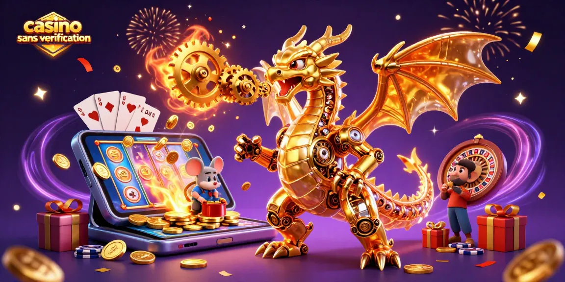 Animation captivante d'un dragon doré mécanique inspiré du casino sans vérification avec des éléments de jeu autour.