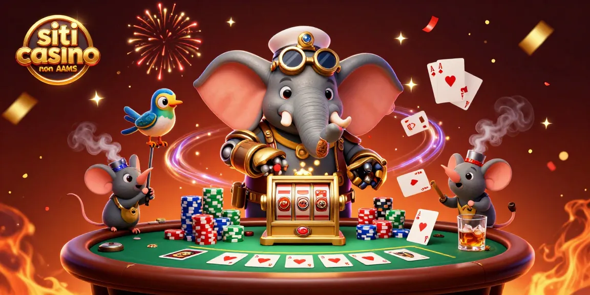 Gioca nei siti casino non AAMS mentre un ingegnere elefante aziona una slot machine dorata.