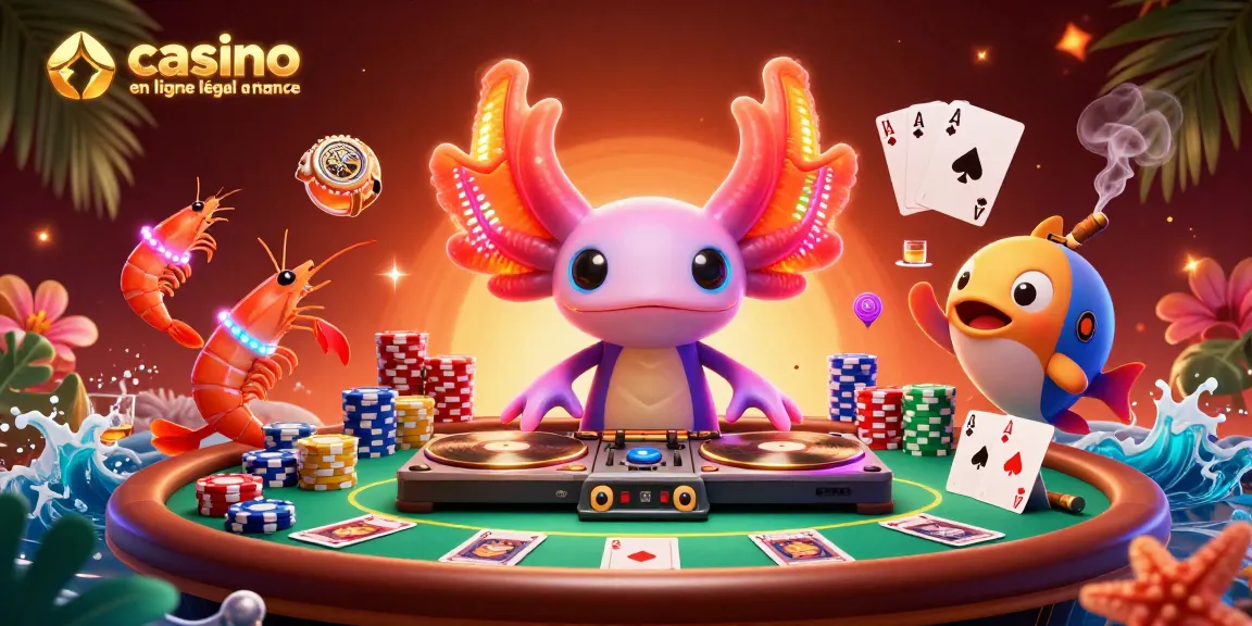 Rejoignez notre illustration sur le casino en ligne légal en France avec un DJ axolotl vibrant!