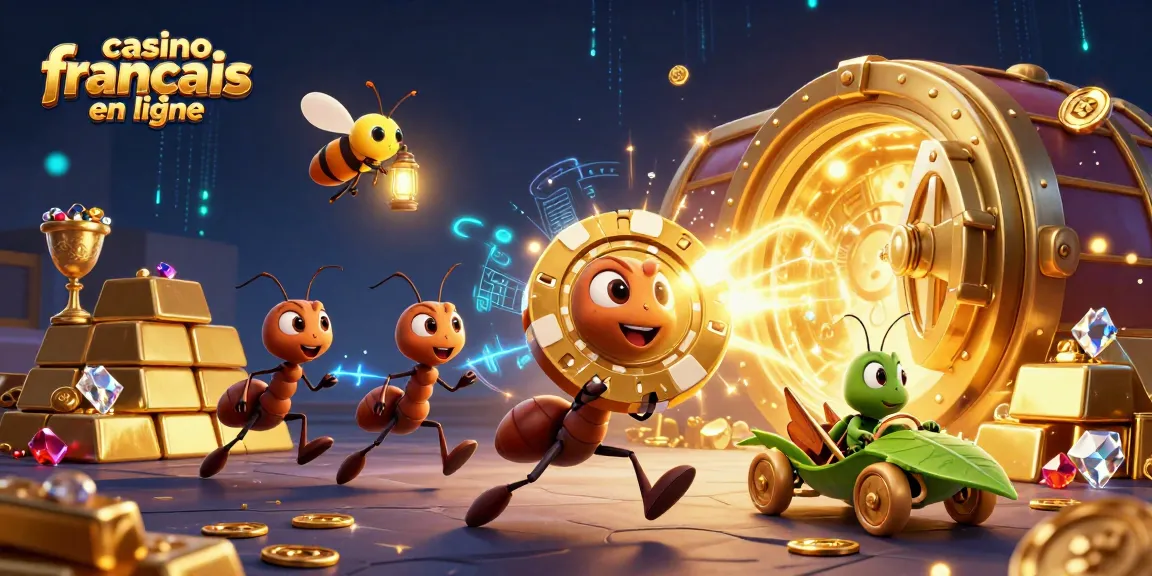 Participer à un casino français en ligne avec une illustration de fourmis en train de dérober un jeton de poker géant.