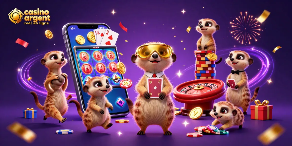 Illustration dynamique d'une colonie de suricates gérant un casino en ligne argent réel, avec des jeux et des jetons
