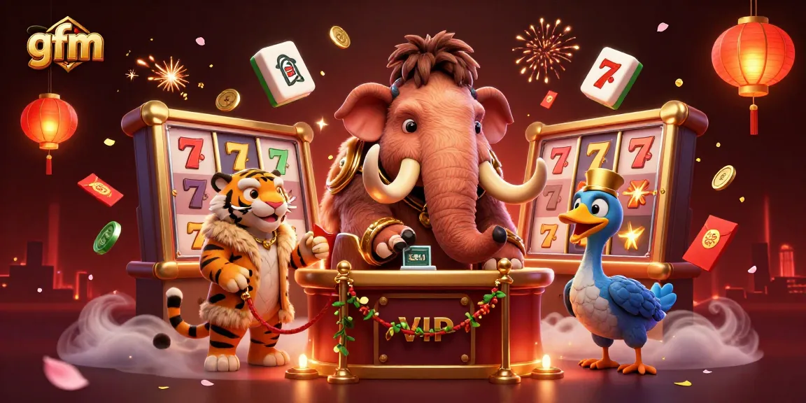 Experience the vibrant world of gfm with a cartoon mammoth bouncer at a casino entrance.