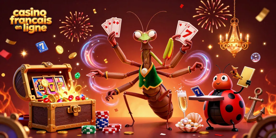 Illustration dynamique de "casino français en ligne" avec des personnages animés et des éléments de casino captivants.