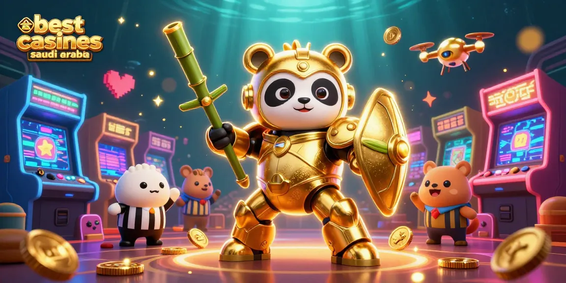 Experience the excitement of the best online casinos Saudi Arabia with a lively 3D illustration of a mech-suit panda in an energetic casino scene.
