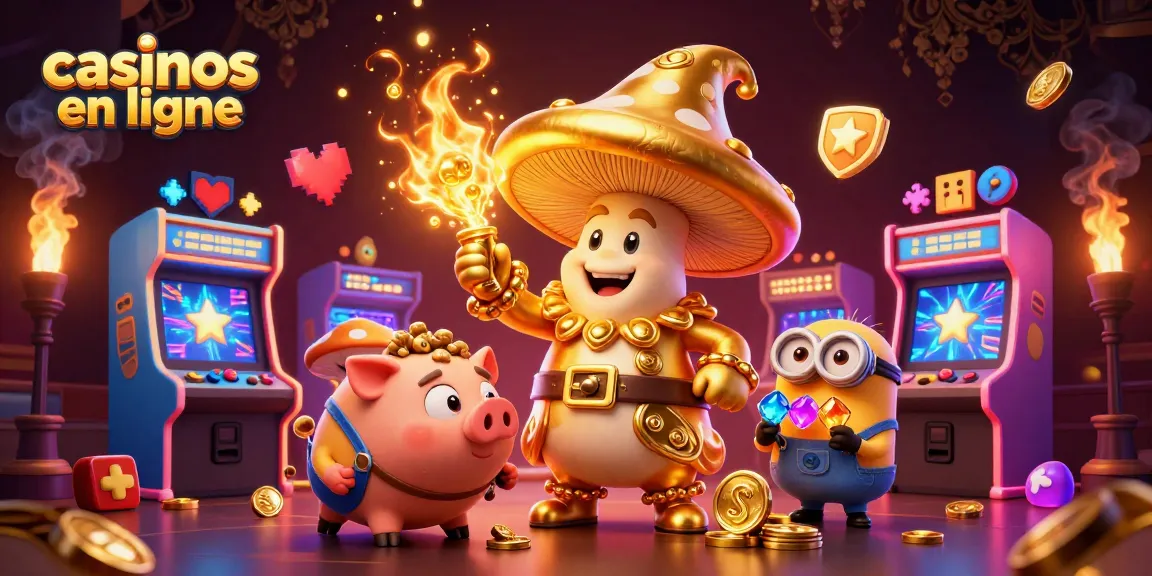 Illustration artistique démontrant des casinos en ligne avec un wizard doré, un cochon trésor et des machines de jeu colorées.
