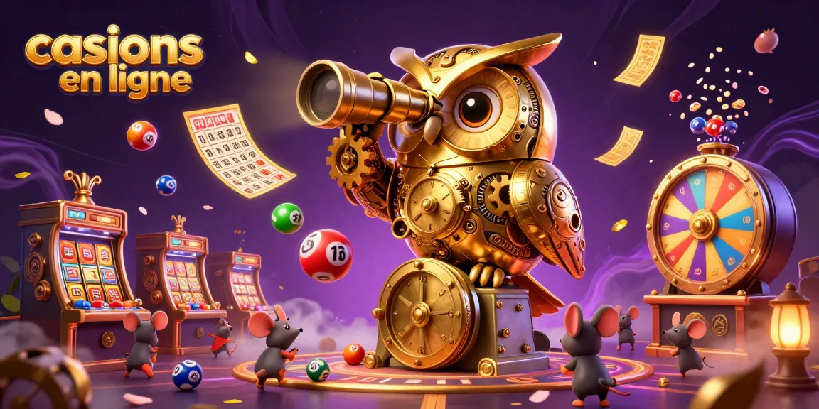 Jouez dans des casinos en ligne avec cette illustration captivante d'un hibou doré et des éléments de jeu vibrants.