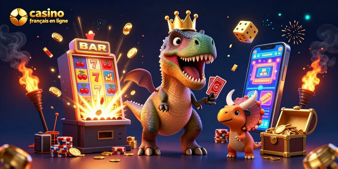 Jouer au casino français en ligne avec un T-Rex et un triceratops dans une illustration dynamique.