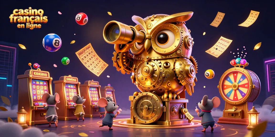 Illustration dynamique d'un casino français en ligne avec un hibou doré et des souris entre les machines à sous.