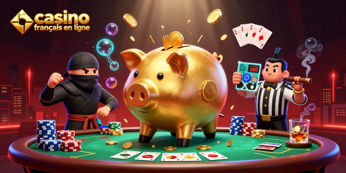 Venez jouer au casino français en ligne avec une illustration de personnages et d'éléments de jeu captivants.