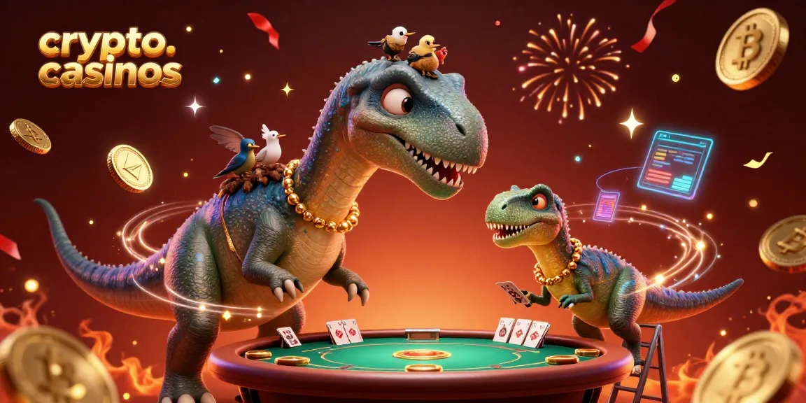 Illustration colorée de crypto casinos avec un brontosaure et un raptor distribuant des cartes.