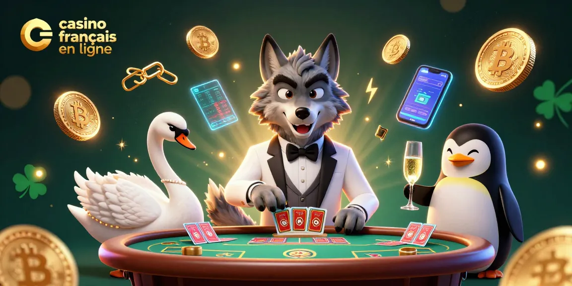 Jouez au casino français en ligne avec un loup élégant, un cygne et un pingouin sommelier.