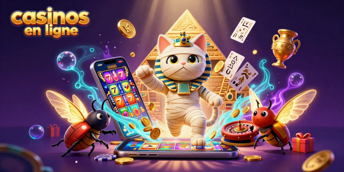 Casinos en ligne : illustration d'un chat momie égyptien et un scarabée dans un casino avec des jeux de machines à sous.