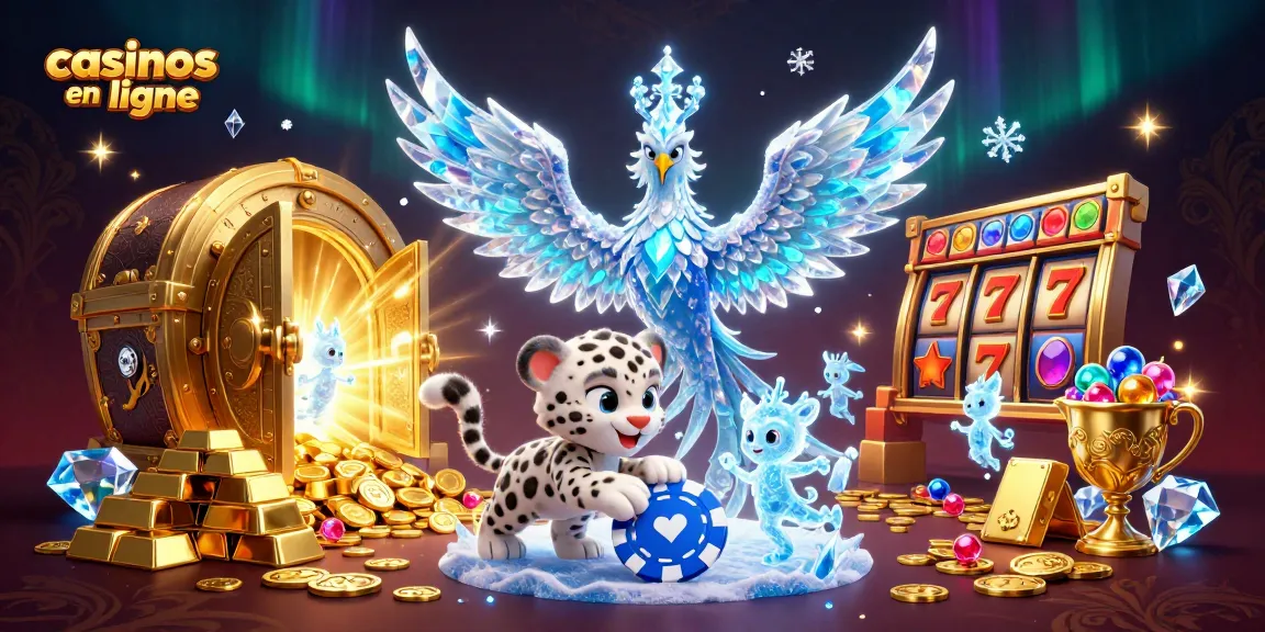 Jeux passionnants dans des casinos en ligne avec une illustration ludique d'un phénix de glace et des sprites lumineux.