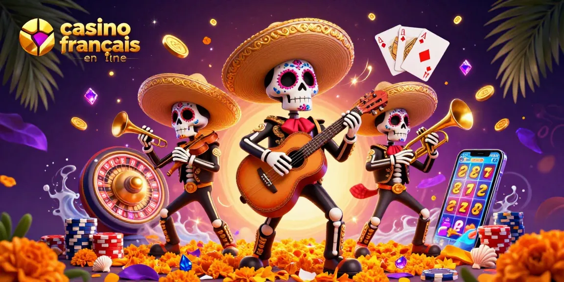Jouez sur le casino français en ligne avec une illustration colorée d'un groupe de mariachis squelettes et des éléments de jeu captivants.
