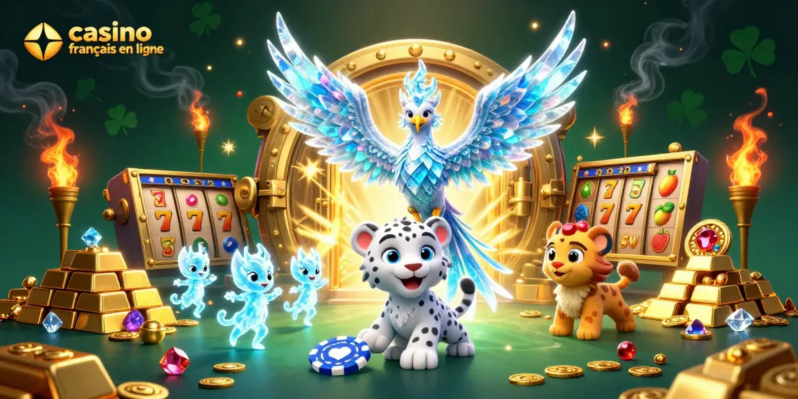 Plongez dans l'univers du casino français en ligne avec cette scène riche illustrant un phénix de glace et un léopard des neiges jouant.