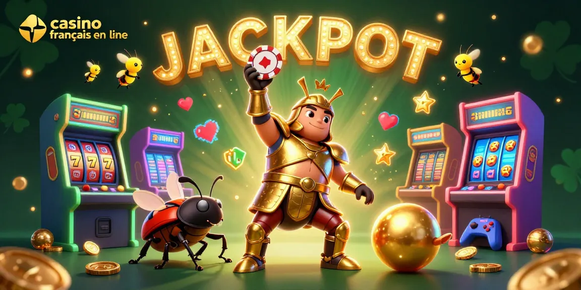 Gagnez avec le casino francais en ligne: image festive illustrant des personnages de jeux, des machines et gains.