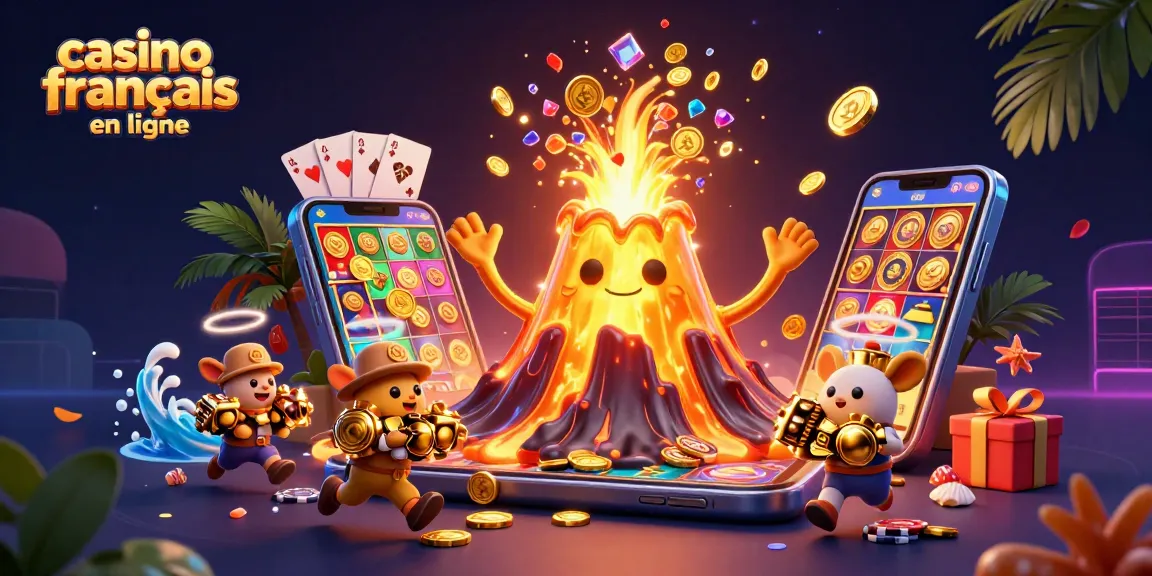 Analysez les jeux de casino français en ligne avec une scène captivante de trésors émergeant d'un volcan.