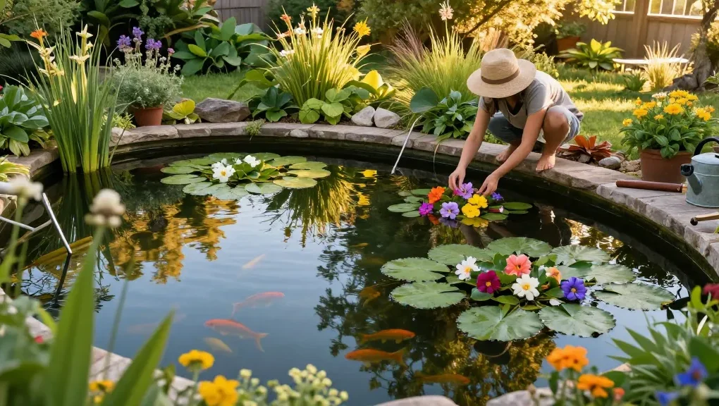Pond Plants beautifully arranged in a serene garden pond, capturing aquatic flowers and lush greens.