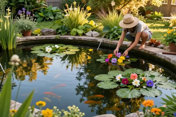Pond Plants beautifully arranged in a serene garden pond, capturing aquatic flowers and lush greens.