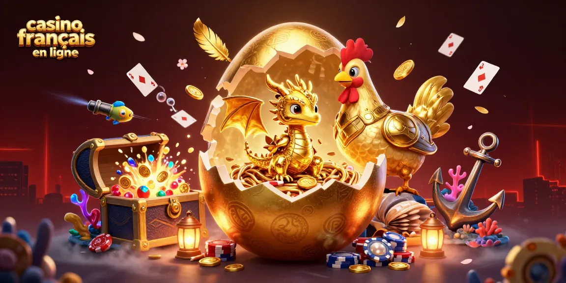 Accédez à l'ambiance captivante du casino français en ligne avec un dragon doré sur des jetons de poker.