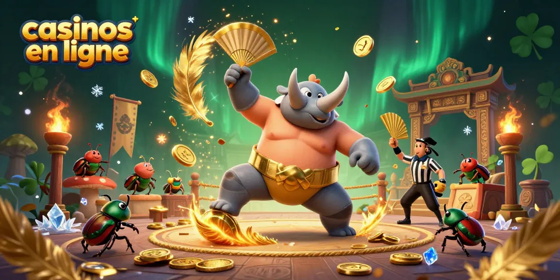 Représentation dynamique d'un combat de casinos en ligne avec un rhinocéros scarabée et un arbitre, illustrant l'excitation du jeu.